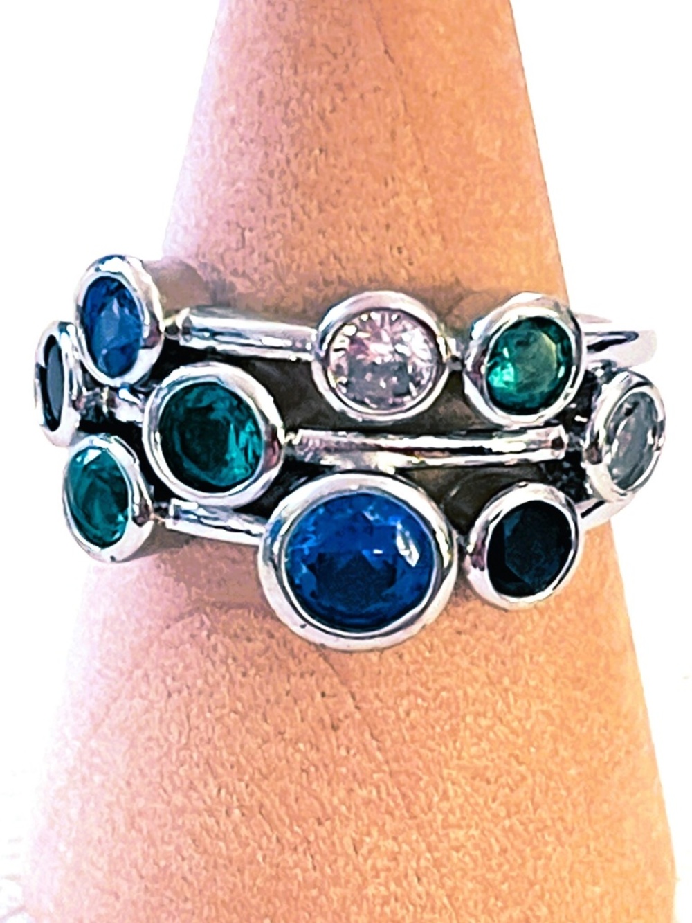 Blue Green Quartz Crystal Ring:  Multi-stone Bezel St, Boho Style, Silver Plated